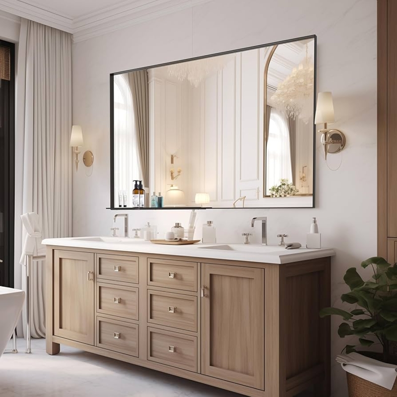 Bathroom Mirror with Integrated Shelf and Extra Large Scale, Black Frame