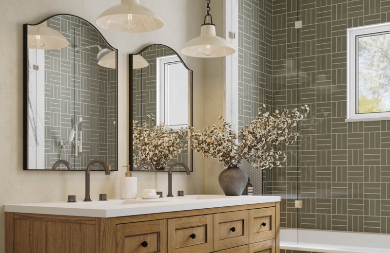 Bathroom Wall Mirror Arched Matte Black, Green Basketweave Tile Walls