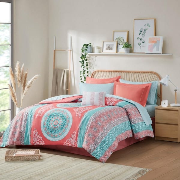 Bed in a Bag Set with Coral Medallion Print in Zippered Packaging