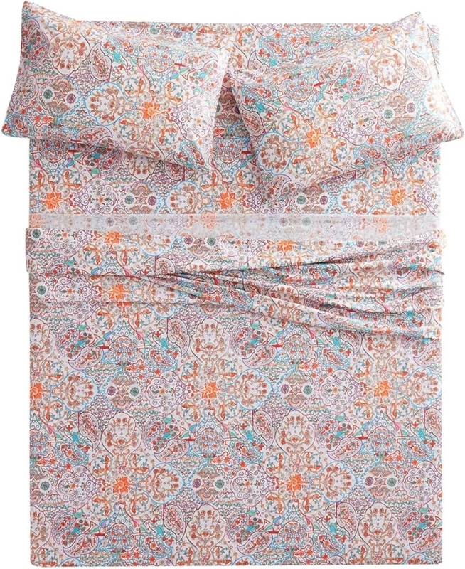 Bed Sheet Set Intricate Paisley Pattern Cotton Turquoise Orange Boho