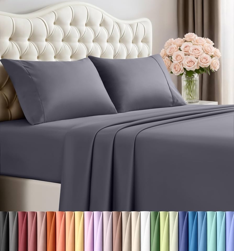 Bed Sheet Set Wide Stitched Hem, Matte Finish, Solid Grey Bed Sheet Set