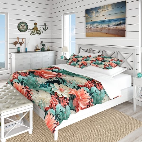Bedding Set Beige Coral Floral Motifs Coastal Tropical