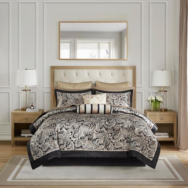 Bedding Set Black Jacquard Scroll Pattern Satin Sheen Traditional
