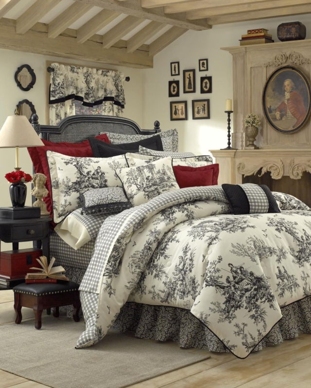 Bedding Set Black Toile Scalloped Hem Monochrome Diamond Quilting