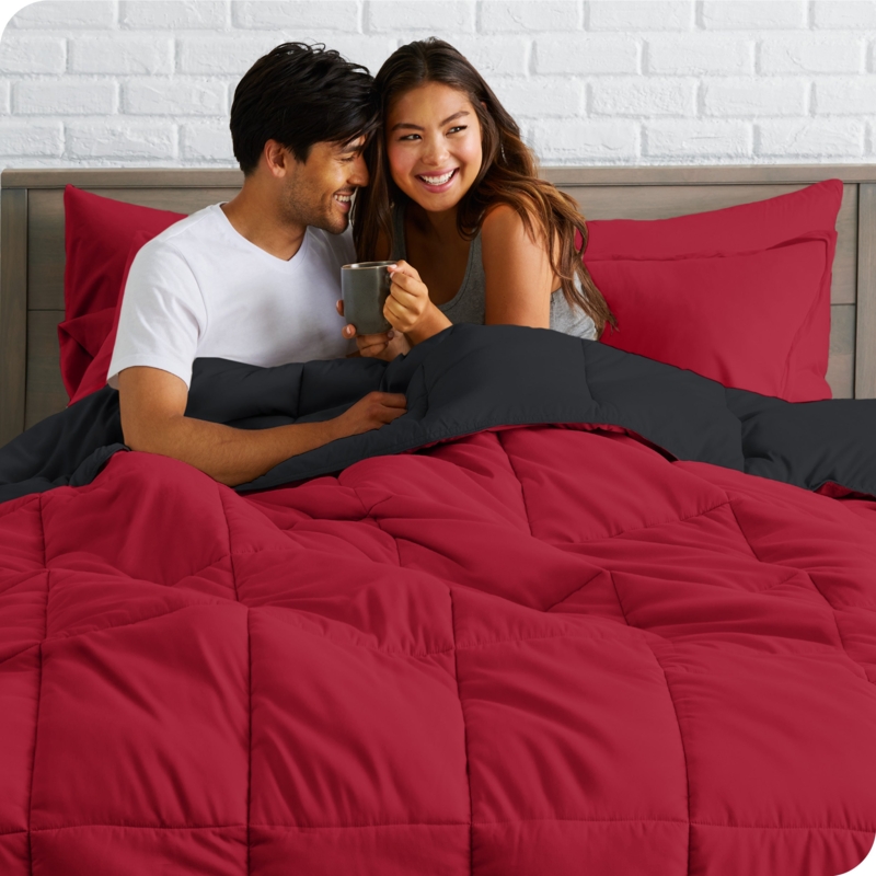 Bedding Set: Bold Red and Black Reversible Box Stitch Comforter