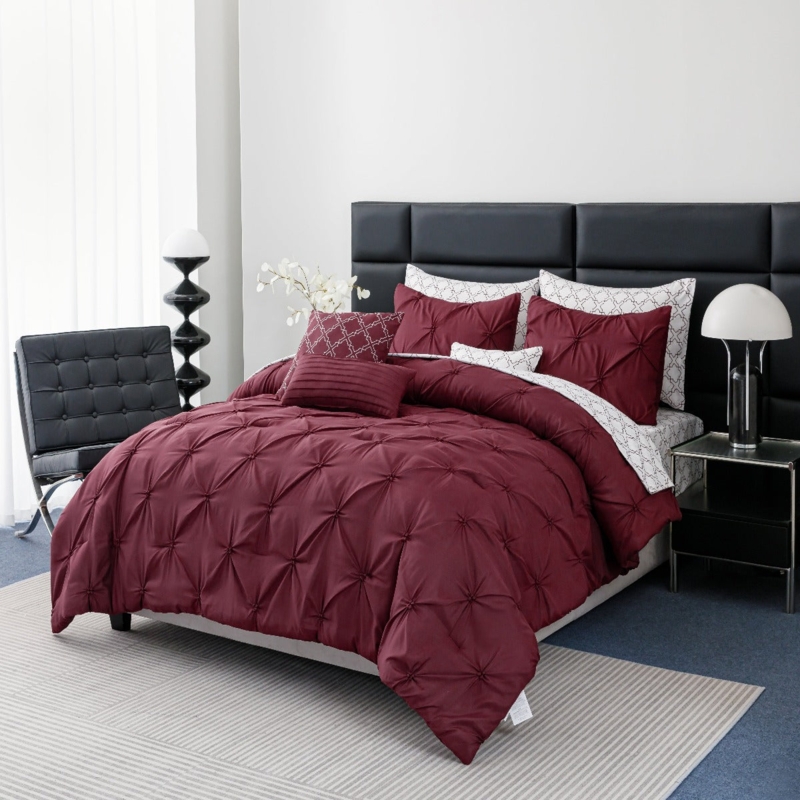 Bedding Set Burgundy Pintuck Pleats Diamond Pattern Contemporary