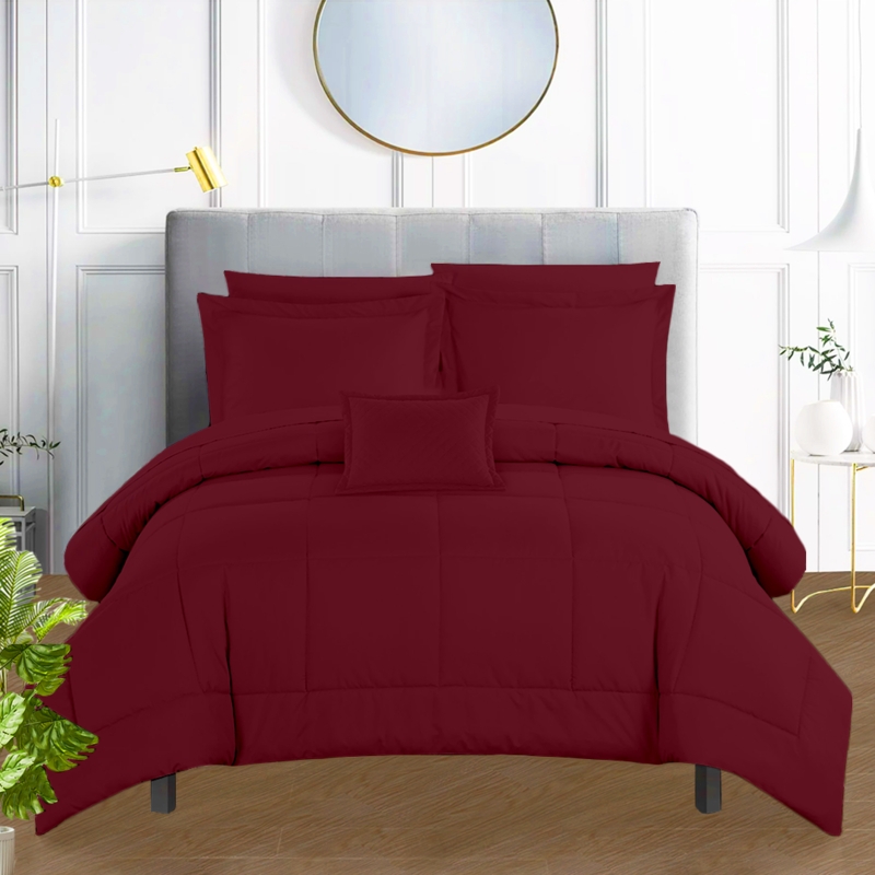 Bedding Set: Burgundy Solid Color Textiles, Layered Pillows, Minimalist