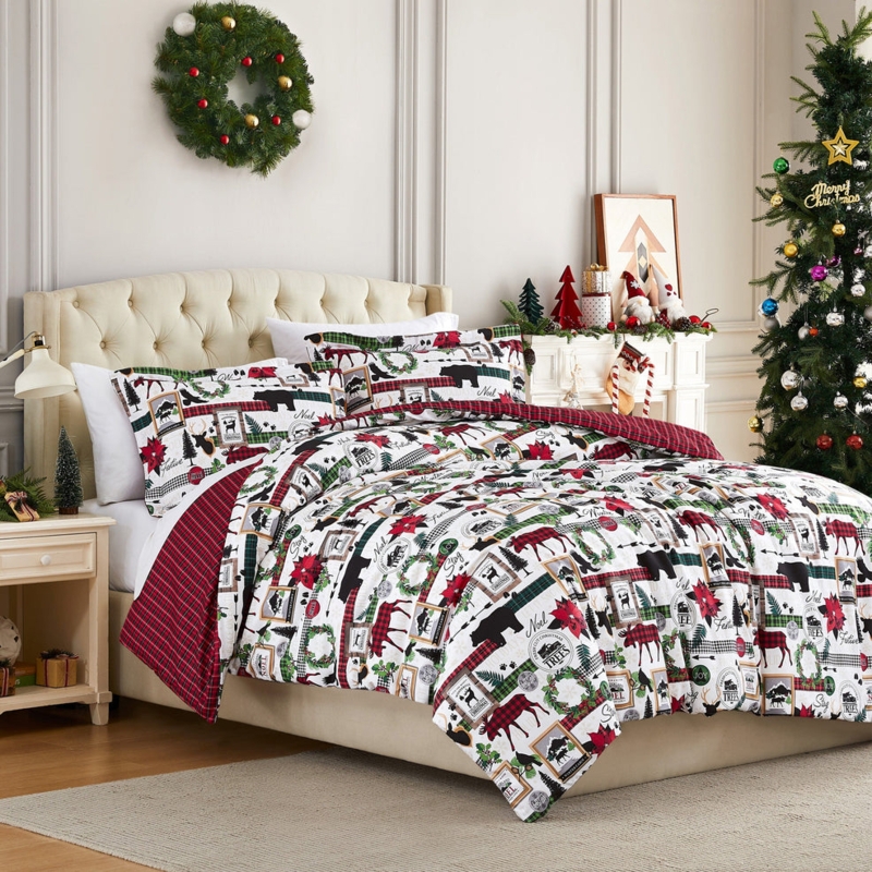 Bedding Set Christmas Village Print Farmhouse Style Holiday Decor