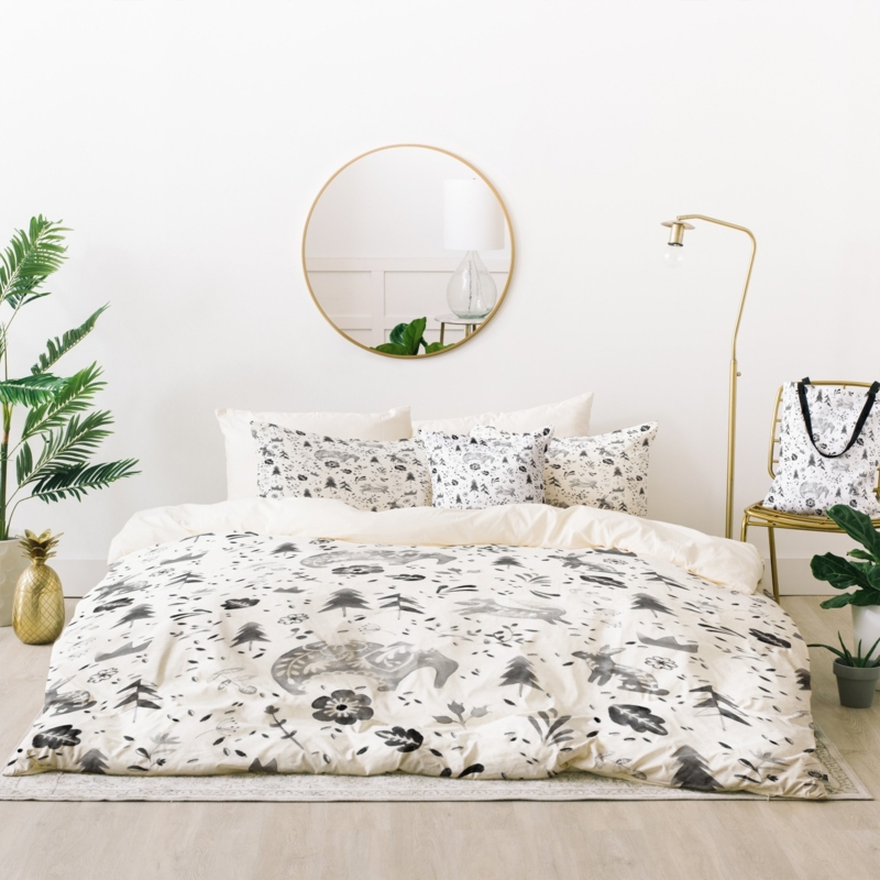 Bedding Set Cream Teal Forest Animal Print Cottagecore Whimsical