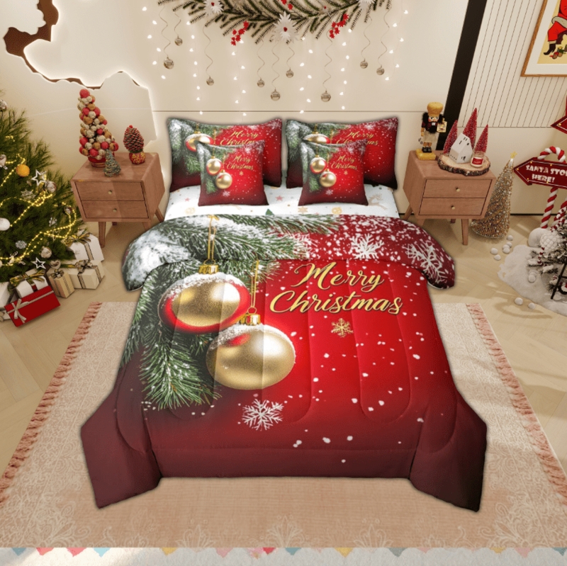Bedding Set: Golden Ornament Print Comforter with Snowflake Sheets