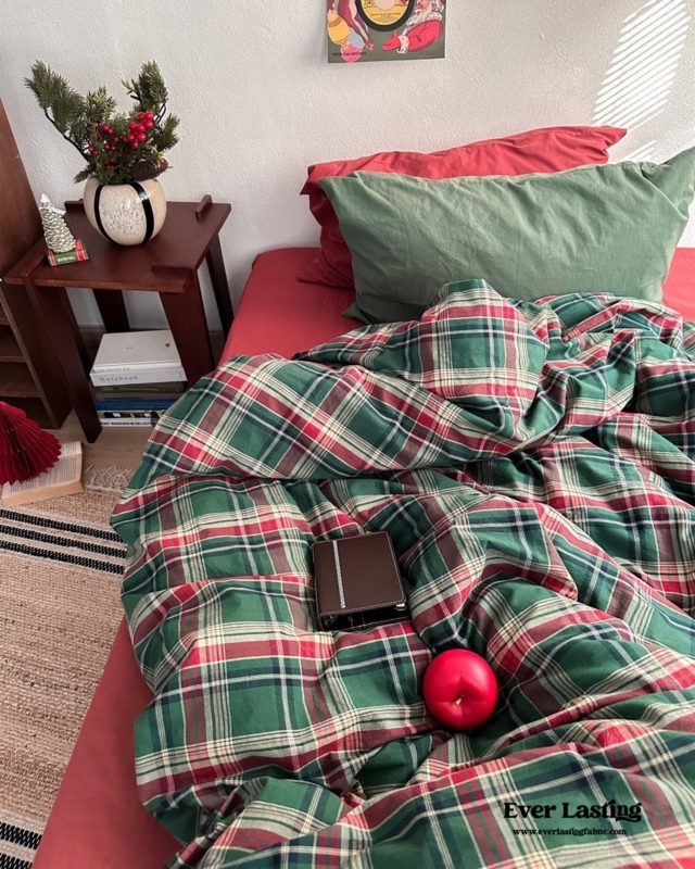 Bedding Set Green Tartan Plaid Pattern Vintage Farmhouse Aesthetic