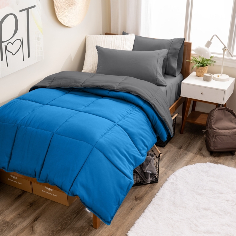 Bedding Set Grey Microfiber Box Stitch Quilting Modern Reversible