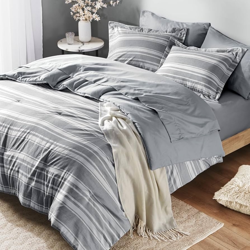 Bedding Set Grey Vertical Stripes Modern Farmhouse Comforter Set