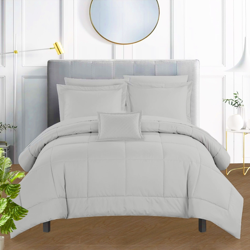 Bedding Set: Hotel Chic White with Silver Trim Tailored Comforter