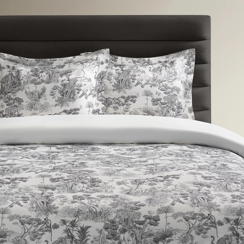 Bedding Set Ivory Black Jungle Toile Animal Motif Whimsical Style