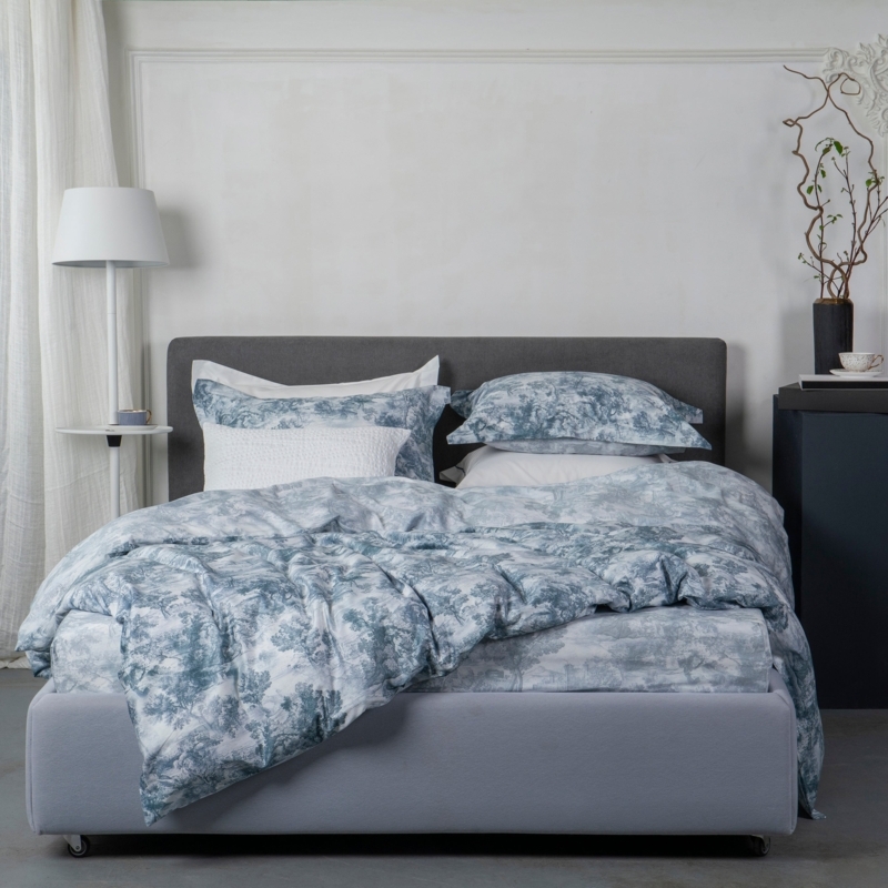 Bedding Set Light Blue Toile Navy Accents Layered Styling