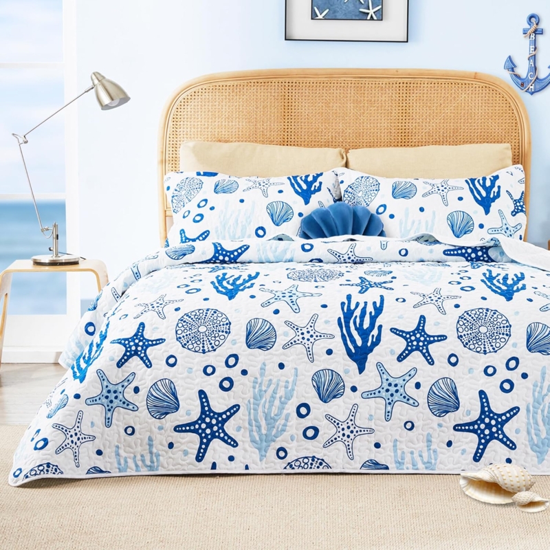 Bedding Set Nautical Motifs Quilted Texture Coastal Anchors Fresh