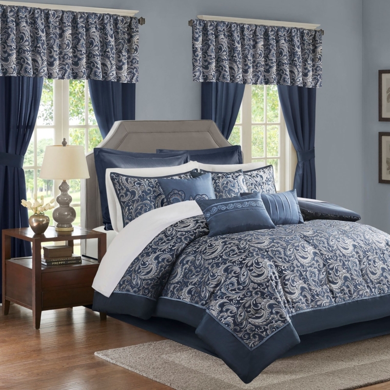 Bedding Set Navy Blue Paisley Pattern Matching Curtains Traditional
