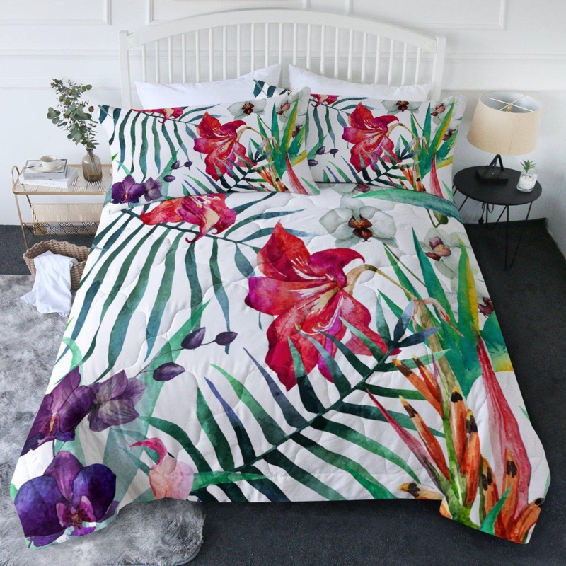 Bedding Set Navy Blue Quilted Parrot Motif Tropical Print