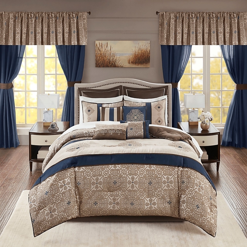 Bedding Set: Navy & White Geometric Border, Embroidered, Hotel Style