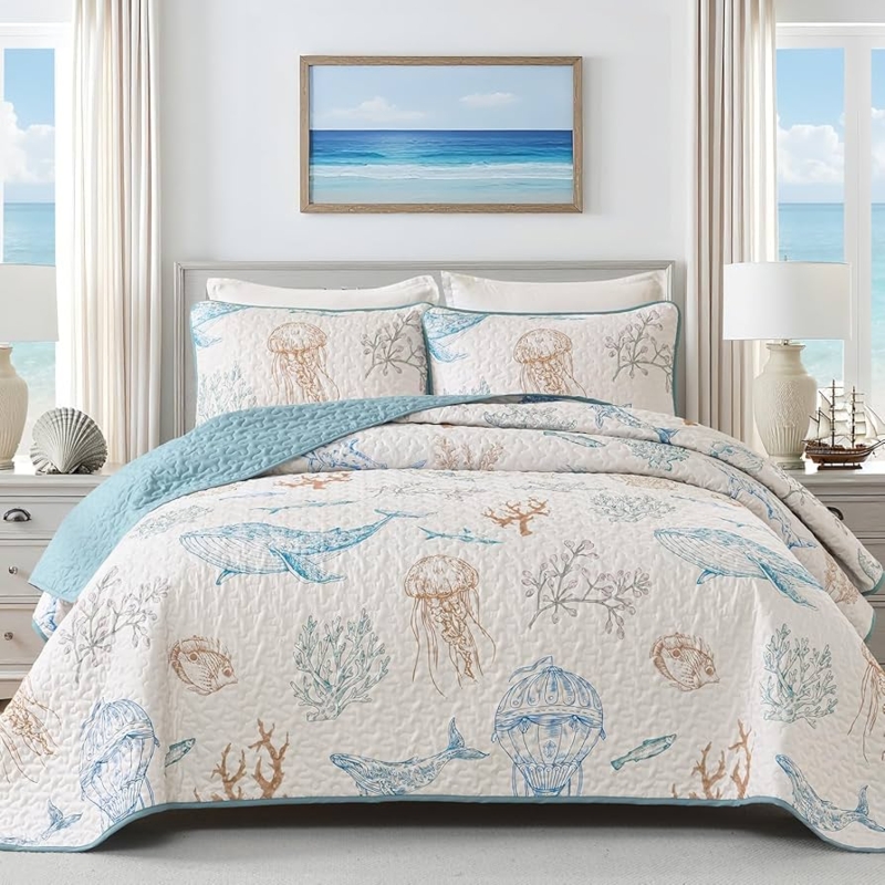 Bedding Set Ocean Themed Quilt with Teal Coral Print