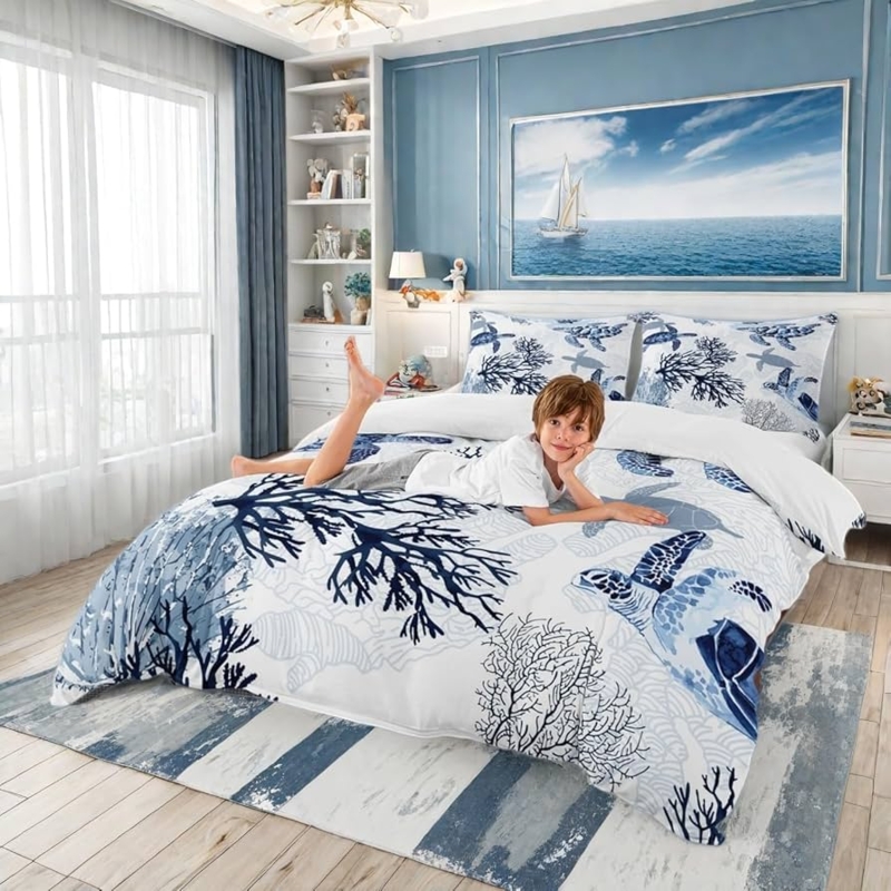 Bedding Set Sea Turtle Graphic Coastal Nautical Oversized Comforter
