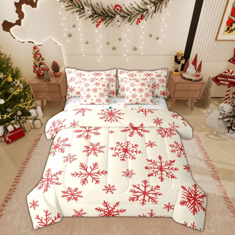Bedding Set: Snowflake and Tree Graphics in Blue and Gold Palette
