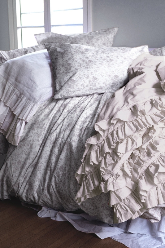 Bedding Set Soft Grey Toile De Jouy Monochromatic Ruffled Accents
