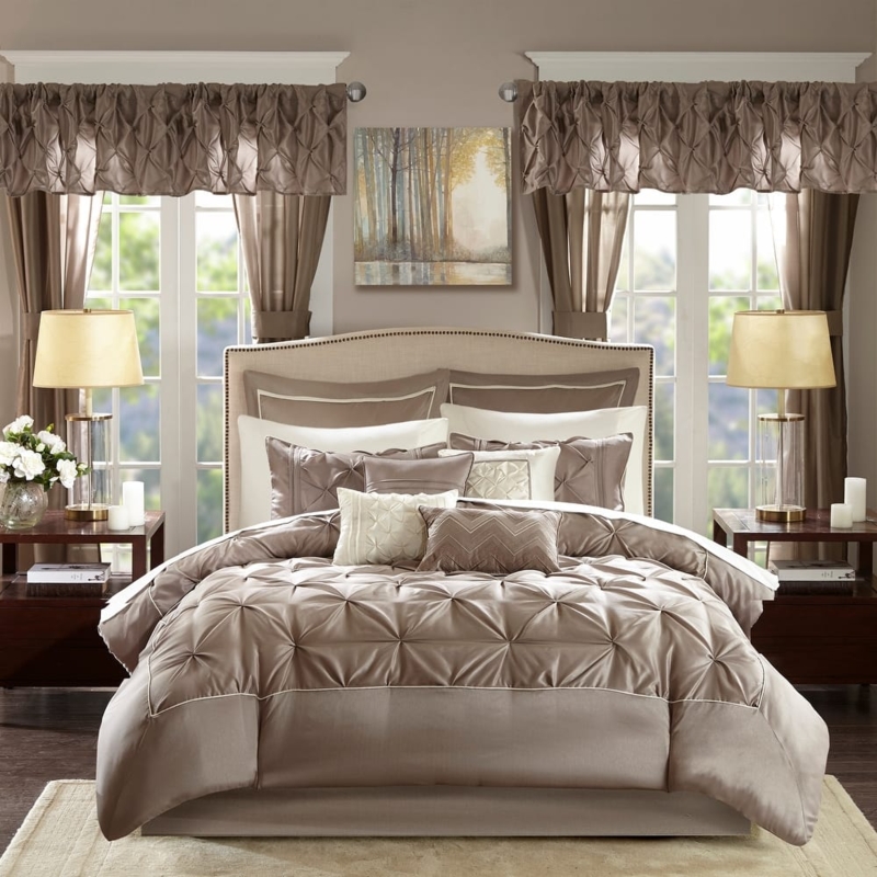 Bedding Set: Taupe Pintuck with Matching Curtains, Coordinated Set