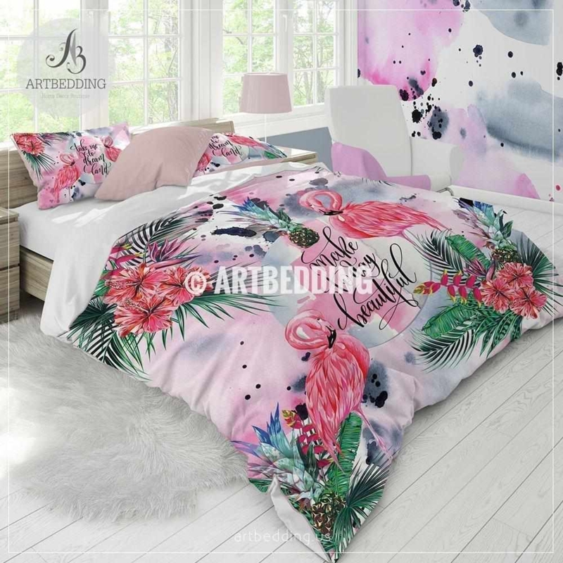 Bedding Set Watercolor Flamingo Print Maximalist Botanical
