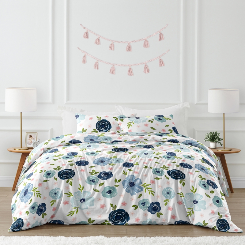 Bedding Set Watercolor Floral Print Navy Pink Feminine Modern Style