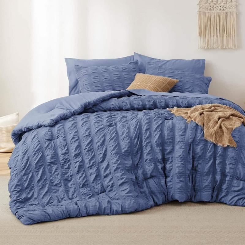 Bedding Set White Seersucker Texture Puckered Fabric Minimalist Airy