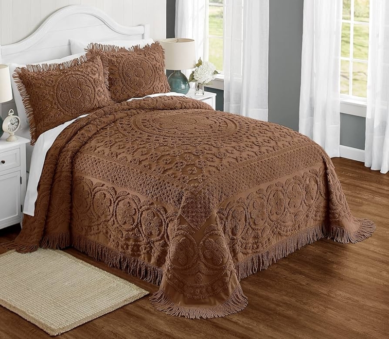 Bedspread Chocolate Brown Floral Medallion Chenille Tufting Vintage