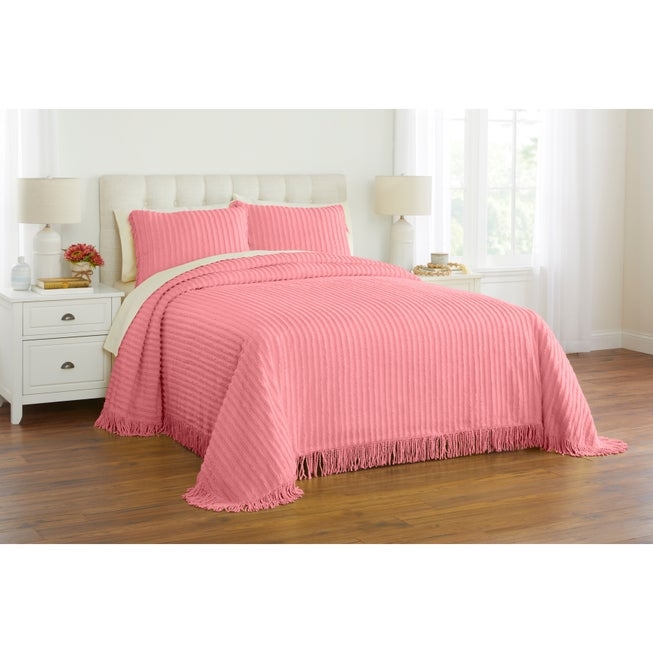 Bedspread Flamingo Pink Chenille Floral Scroll Scalloped Edges