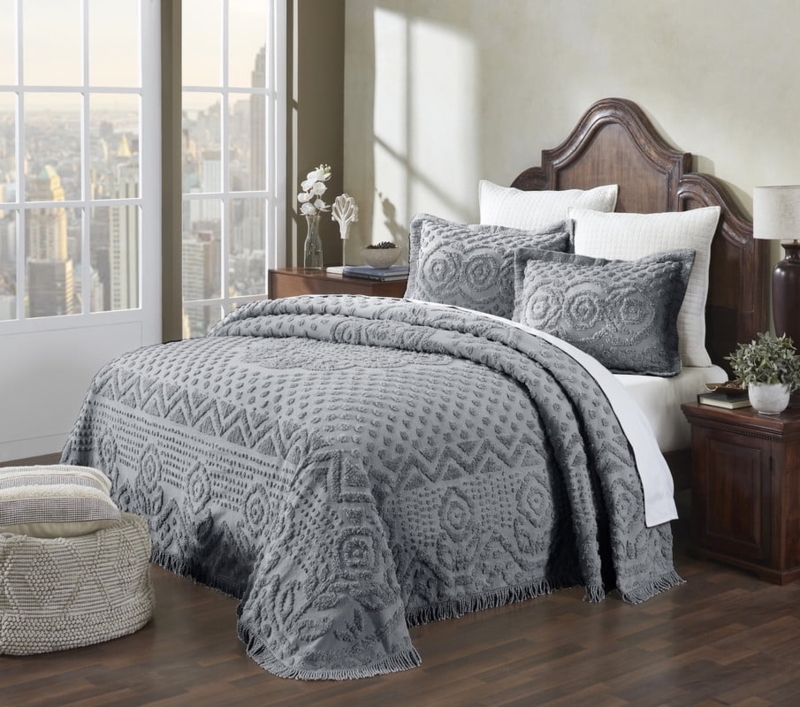 Bedspread Gray Chenille Medallion Motif Fringe Trim Traditional