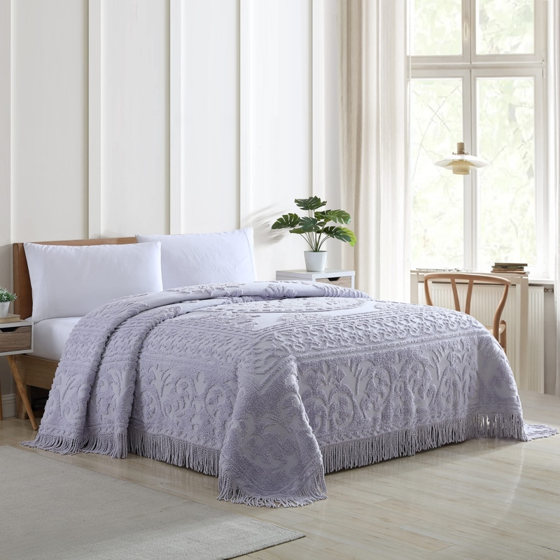 Bedspread Lavender Chenille Medallion Knotted Fringe Floor Length Vintage