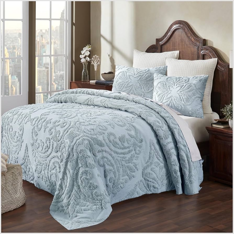 Bedspread Light Blue Floral Centerpiece Chenille Floor Length Fringe