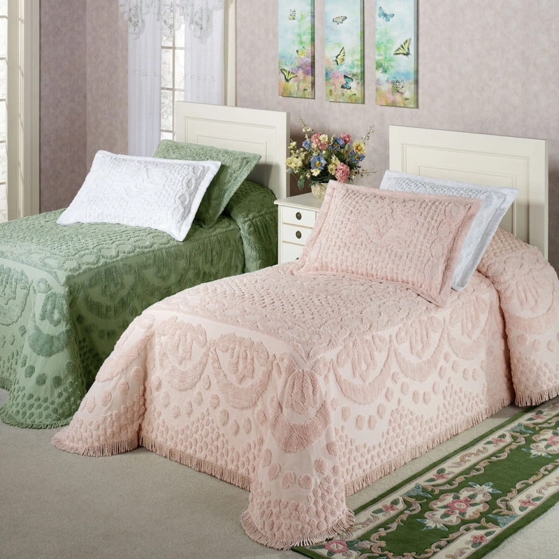 Bedspread Lilac Chenille Raised Scroll Tufting Fringed Edge