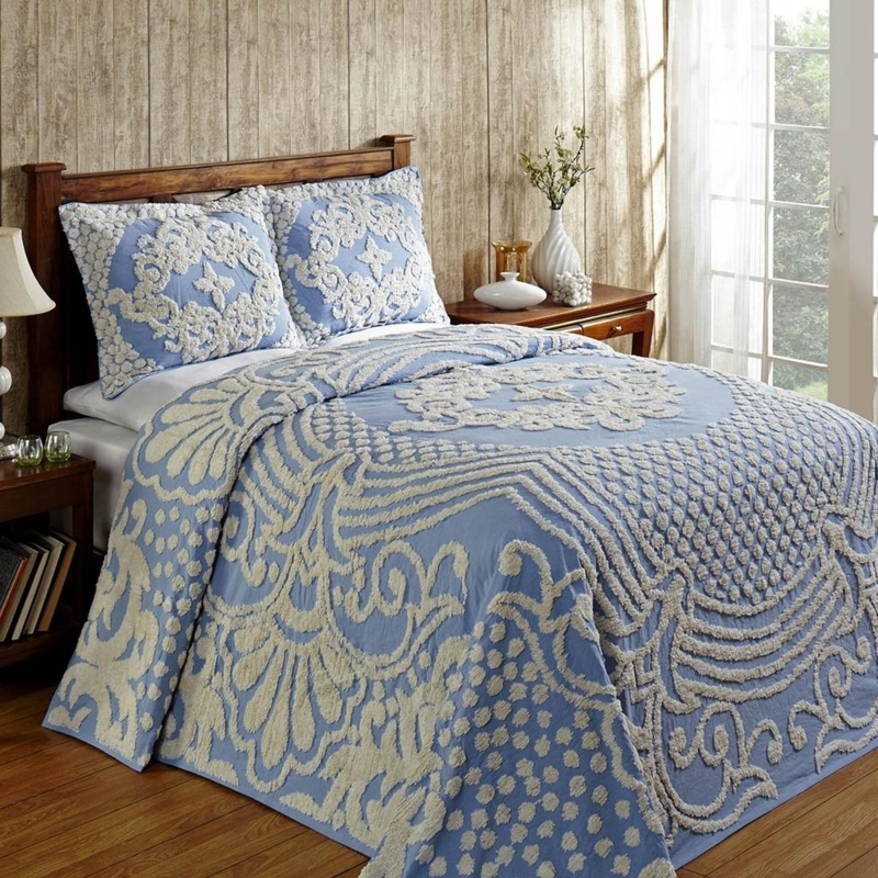 Bedspread Powder Blue Chenille Tufts Fringe Trim Vintage Farmhouse