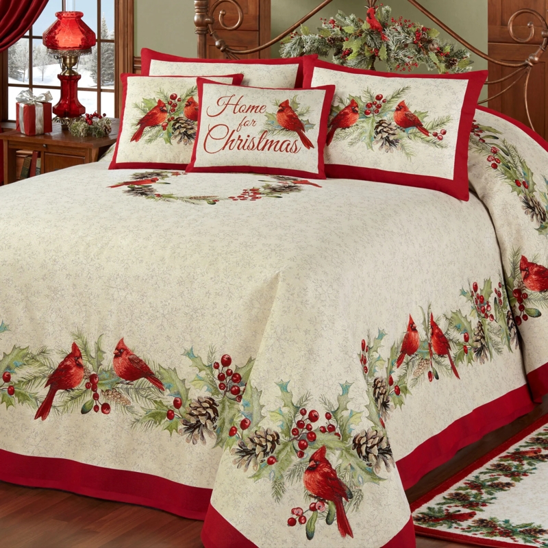 Bedspread Set: Oversized Grande Length with Cardinal Print and Scalloped Edges