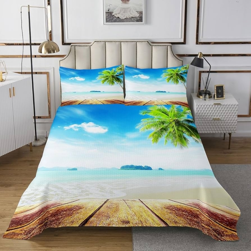 Bedspread Set with Tropical Beach Landscape and Diamond Quilting