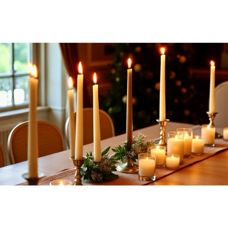 Beeswax Taper Candles with Staggered Heights and Natural Greenery Accents