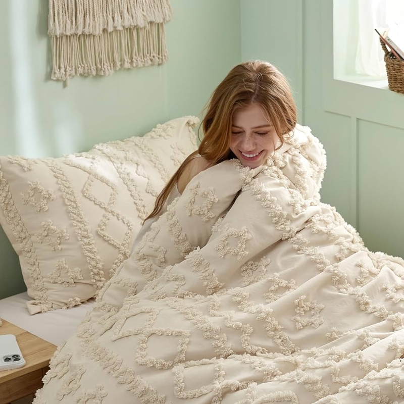 Beige Boho Tufted Comforter Set with Monochromatic Styling