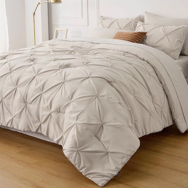 Beige Pintuck Comforter Set Textured Monochromatic Bedding