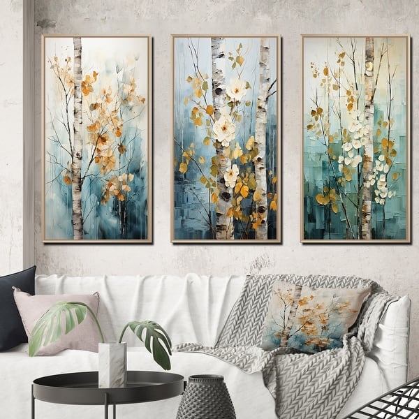 Birch Tree Wall Art Set, Teal And Gold Nature Inspired Triptych