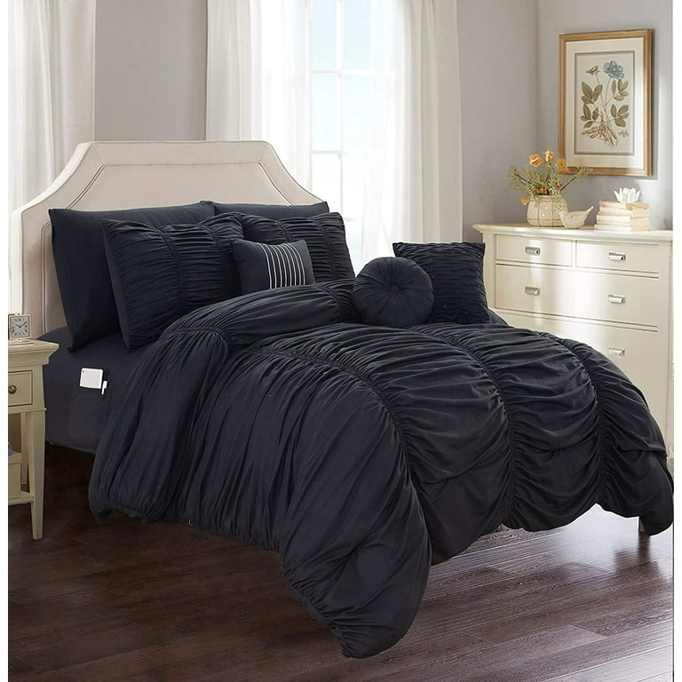 Black Comforter Set Ruched Pleats Glamorous High Loft Style
