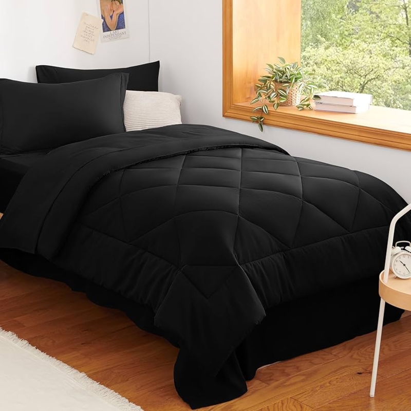 Black Comforter Set with Box Stitching and Minimalist Style