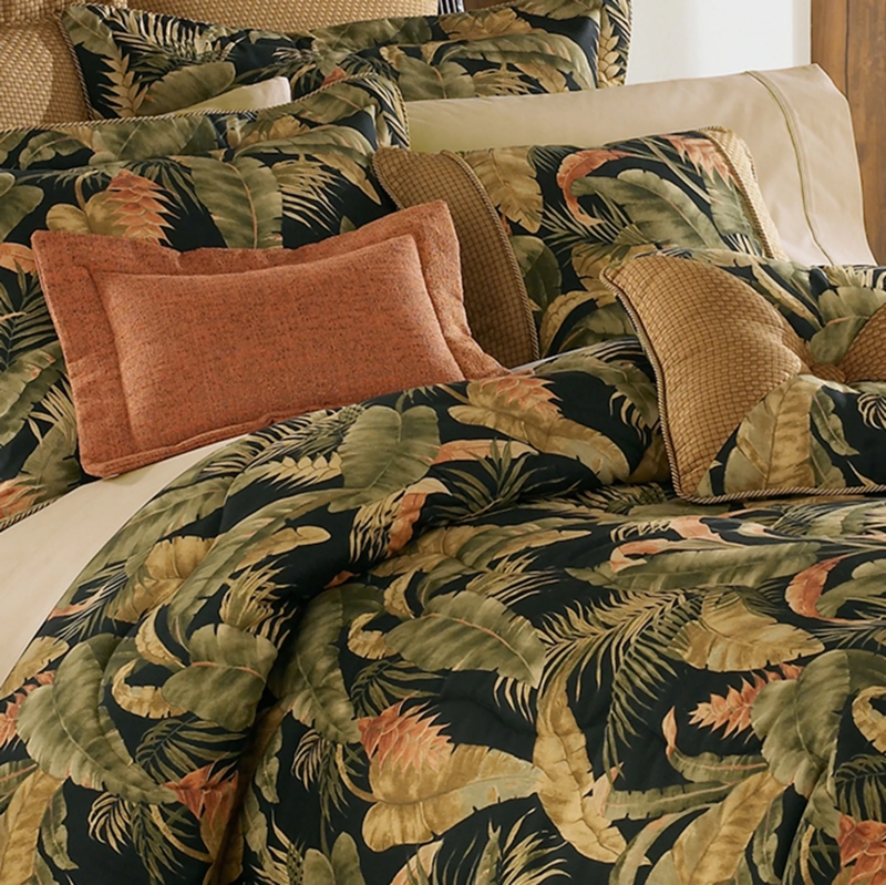 Black Ground Comforter Set with Tropical Print and Bamboo Accents