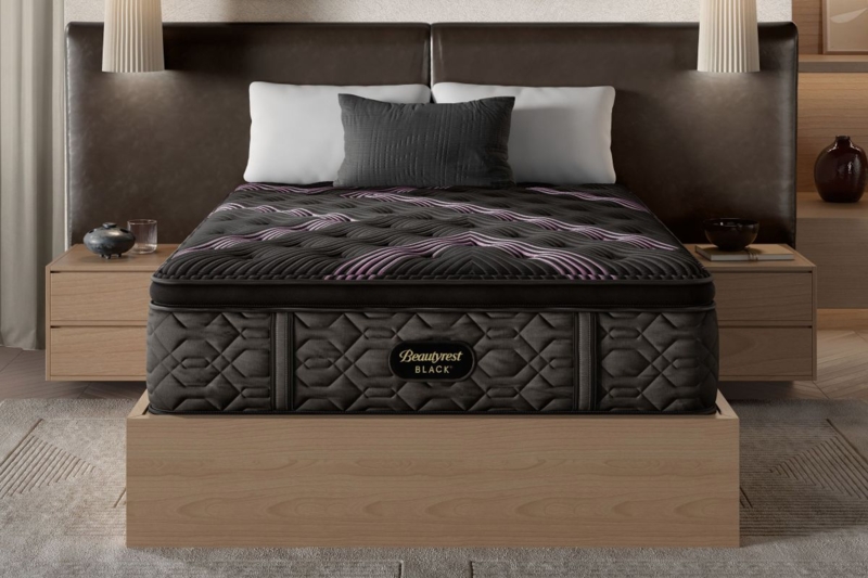 Black Pillow Top Mattress, Purple Accents, Diamond Quilting, Modern.