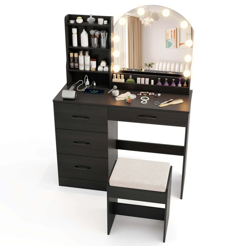 Black Vanity Set with Arched Lighted Mirror and Integrated Side Hutch